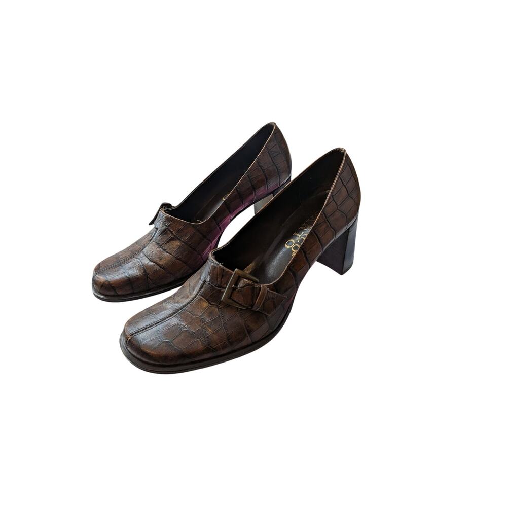 Franco Sarto Croc Embossed Leather Loafer Heels Size 6.5 Brown Preppy Academia
